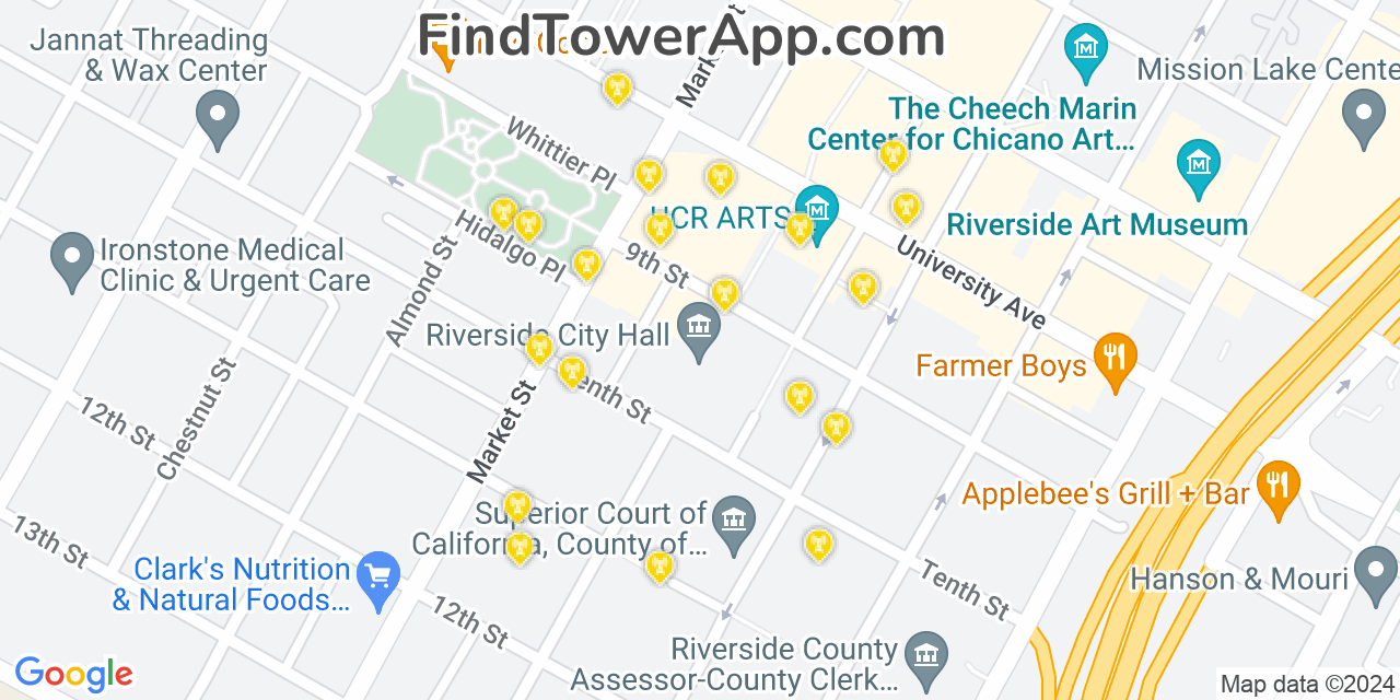 AT&T 4G/5G cell tower coverage map Riverside, California