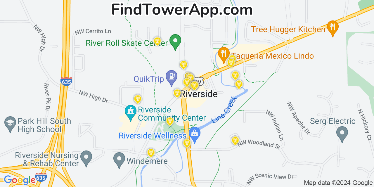 AT&T 4G/5G cell tower coverage map Riverside, Missouri