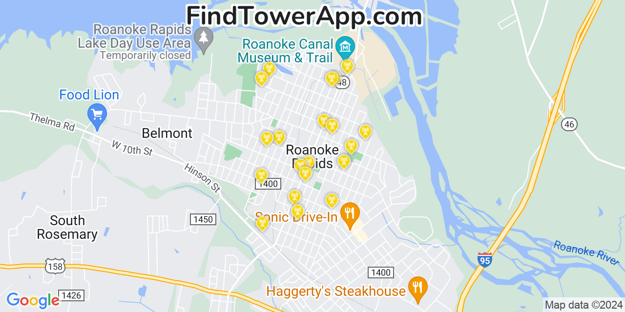 AT&T 4G/5G cell tower coverage map Roanoke Rapids, North Carolina
