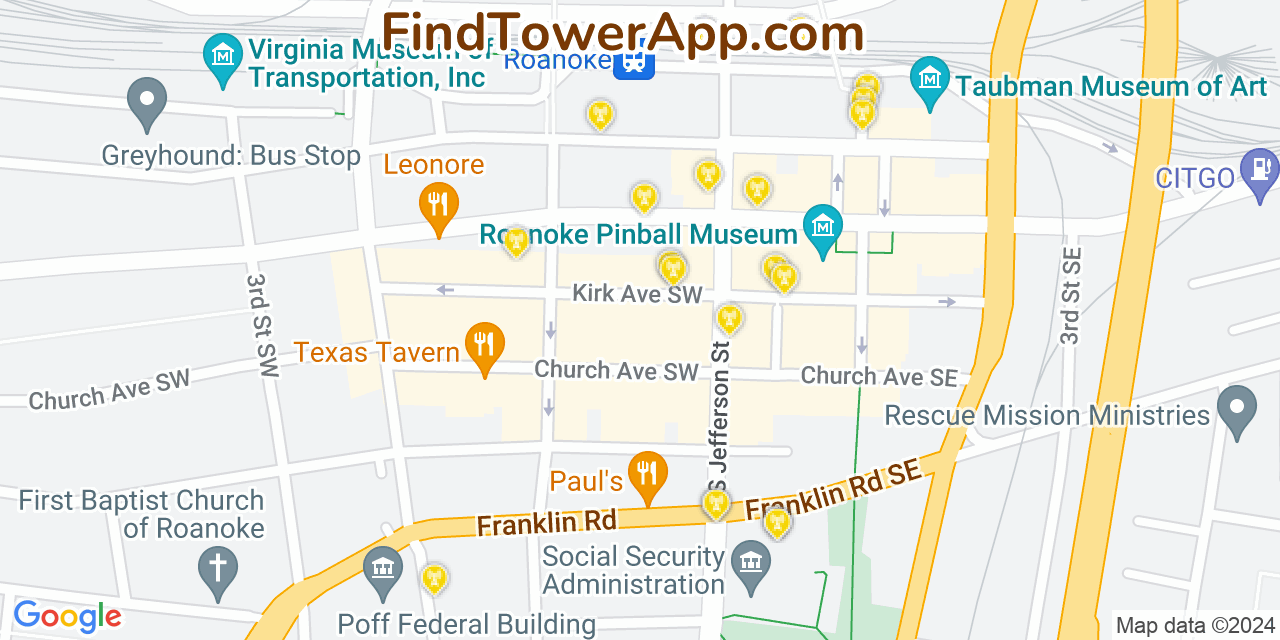 AT&T 4G/5G cell tower coverage map Roanoke, Virginia