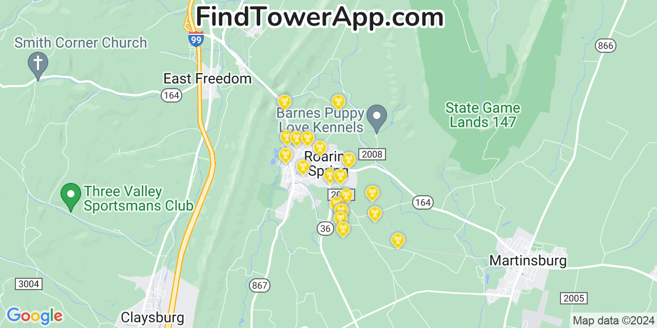 AT&T 4G/5G cell tower coverage map Roaring Spring, Pennsylvania