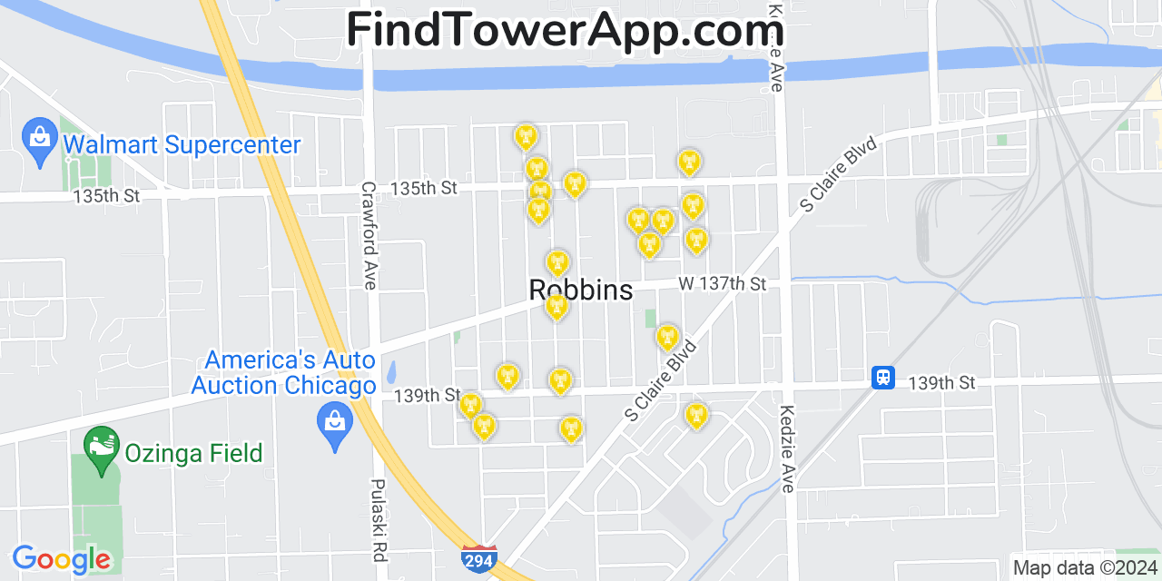 AT&T 4G/5G cell tower coverage map Robbins, Illinois