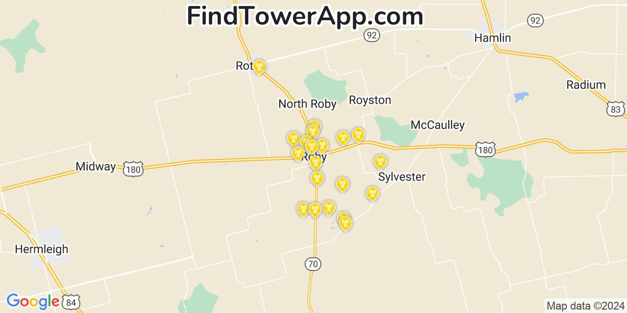 AT&T 4G/5G cell tower coverage map Roby, Texas