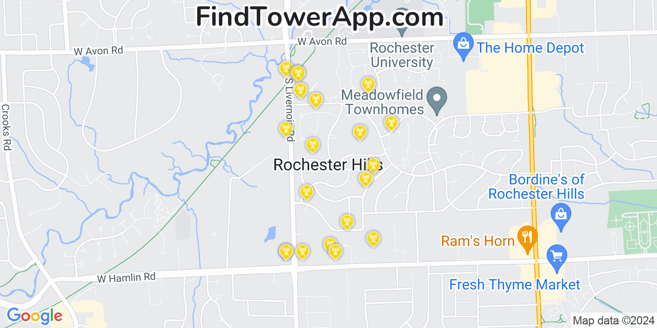 AT&T 4G/5G cell tower coverage map Rochester Hills, Michigan