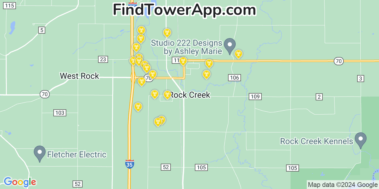 AT&T 4G/5G cell tower coverage map Rock Creek, Minnesota