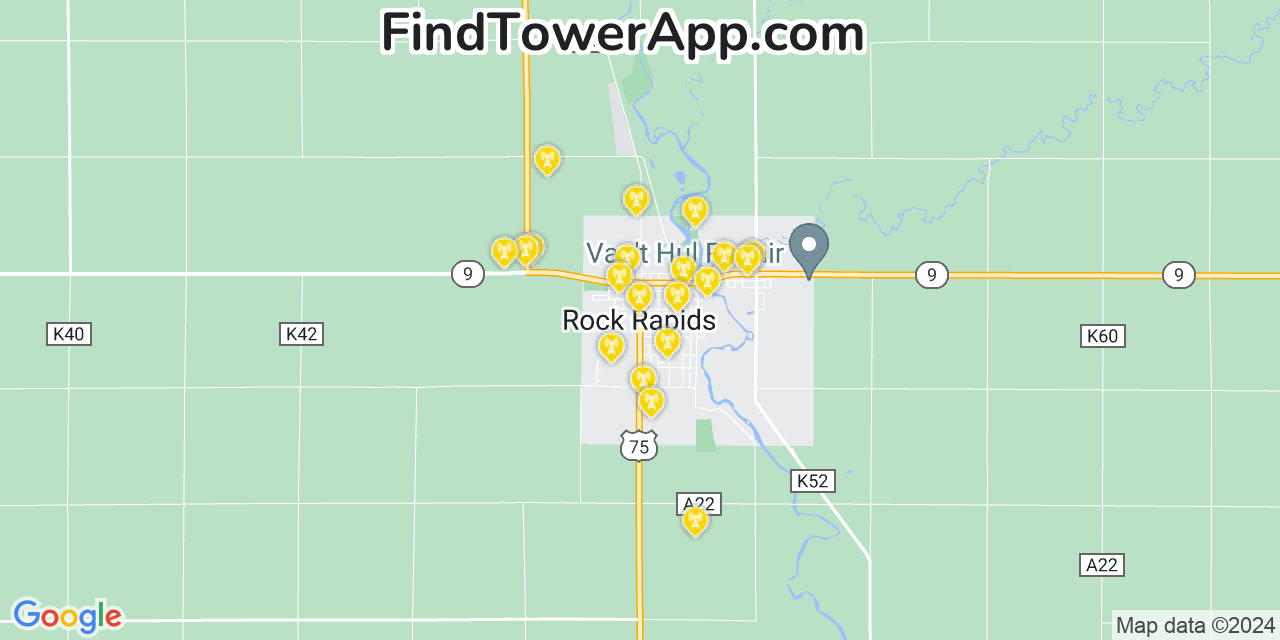 AT&T 4G/5G cell tower coverage map Rock Rapids, Iowa