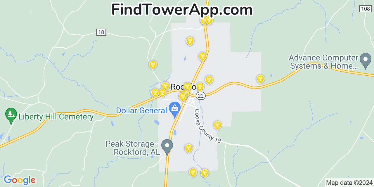 Verizon 4G/5G cell tower coverage map Rockford, Alabama