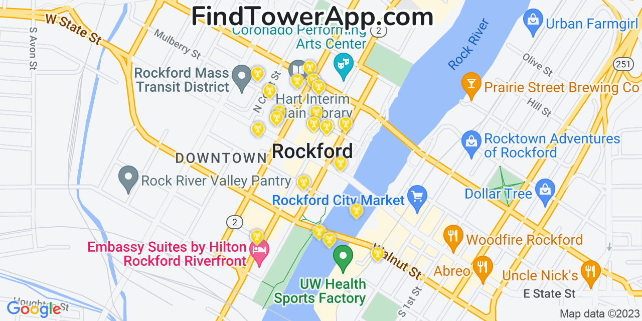 AT&T 4G/5G cell tower coverage map Rockford, Illinois