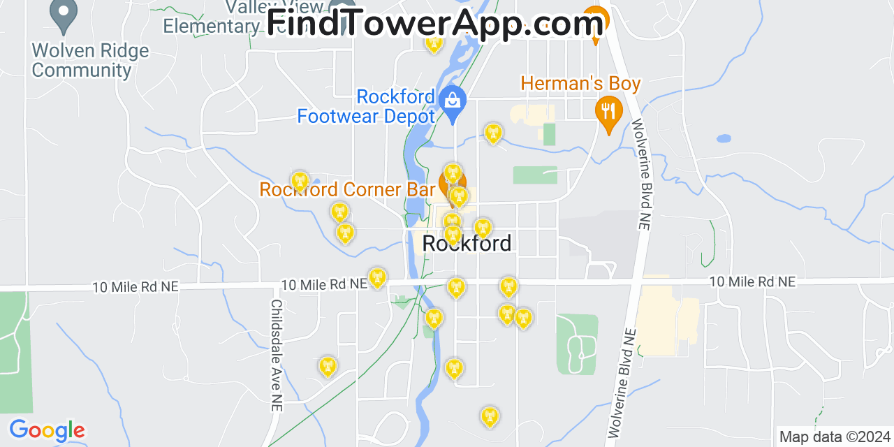 AT&T 4G/5G cell tower coverage map Rockford, Michigan