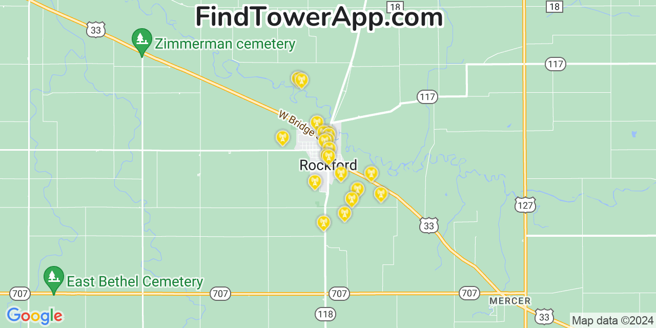 AT&T 4G/5G cell tower coverage map Rockford, Ohio