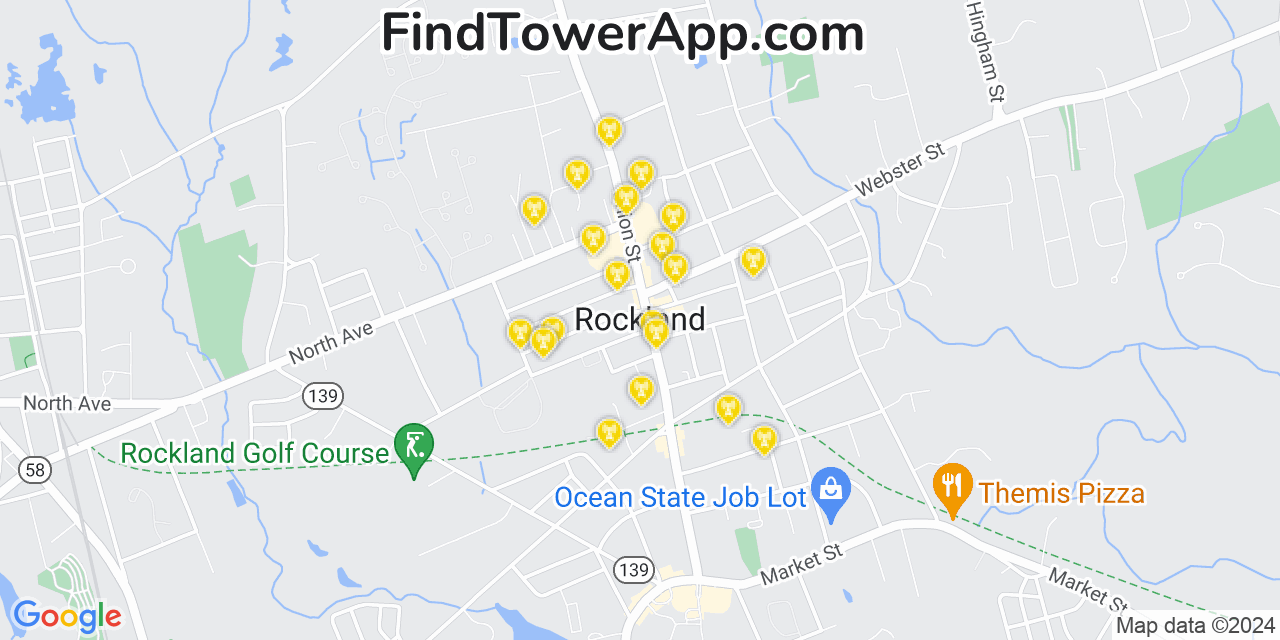 AT&T 4G/5G cell tower coverage map Rockland, Massachusetts