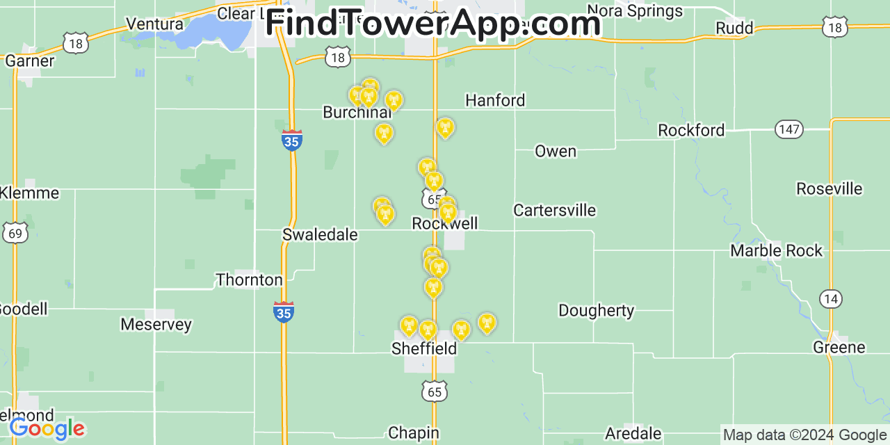 AT&T 4G/5G cell tower coverage map Rockwell, Iowa
