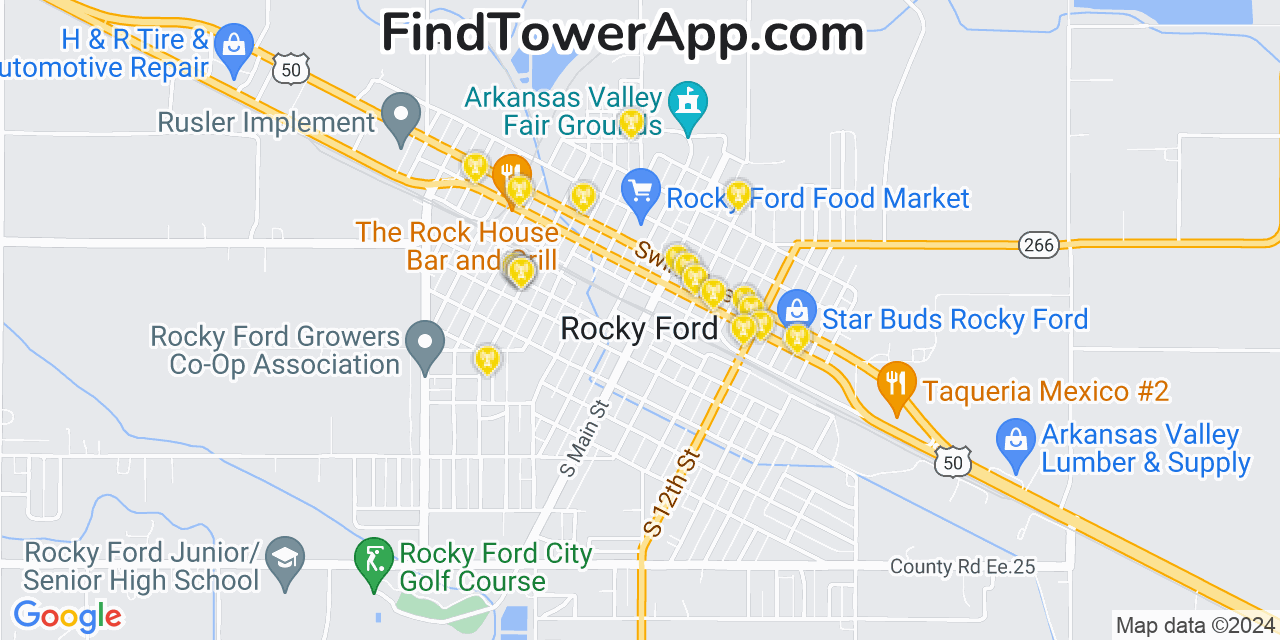 AT&T 4G/5G cell tower coverage map Rocky Ford, Colorado