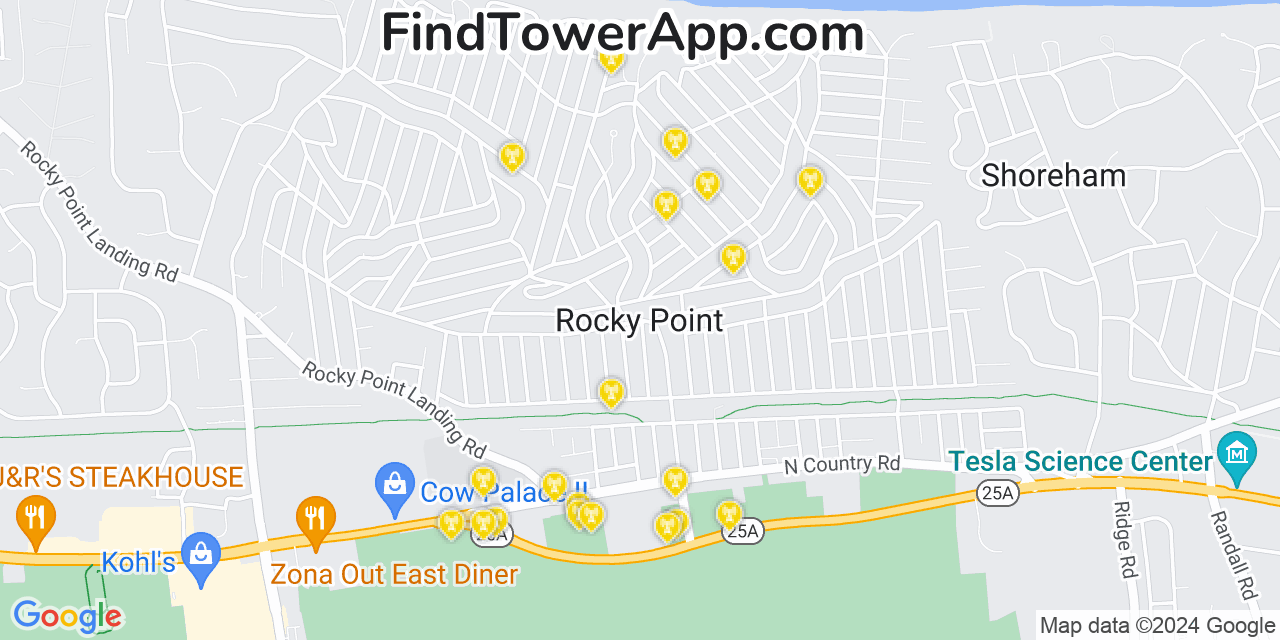 AT&T 4G/5G cell tower coverage map Rocky Point, New York