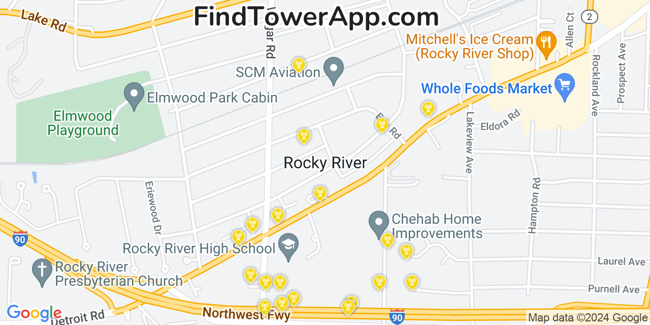 AT&T 4G/5G cell tower coverage map Rocky River, Ohio