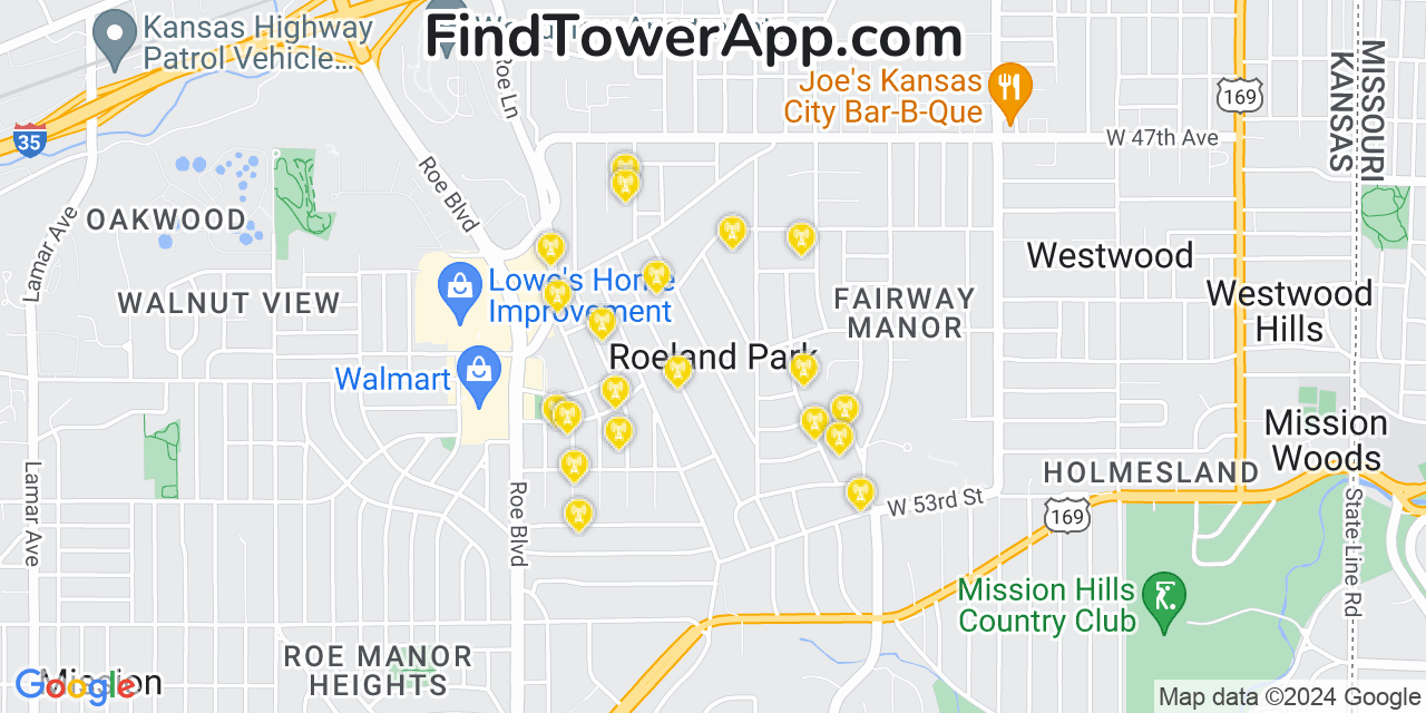 AT&T 4G/5G cell tower coverage map Roeland Park, Kansas