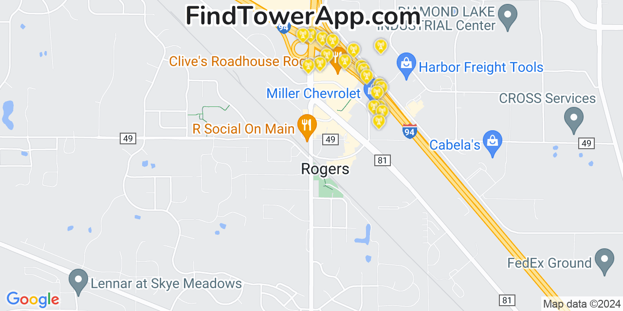 AT&T 4G/5G cell tower coverage map Rogers, Minnesota