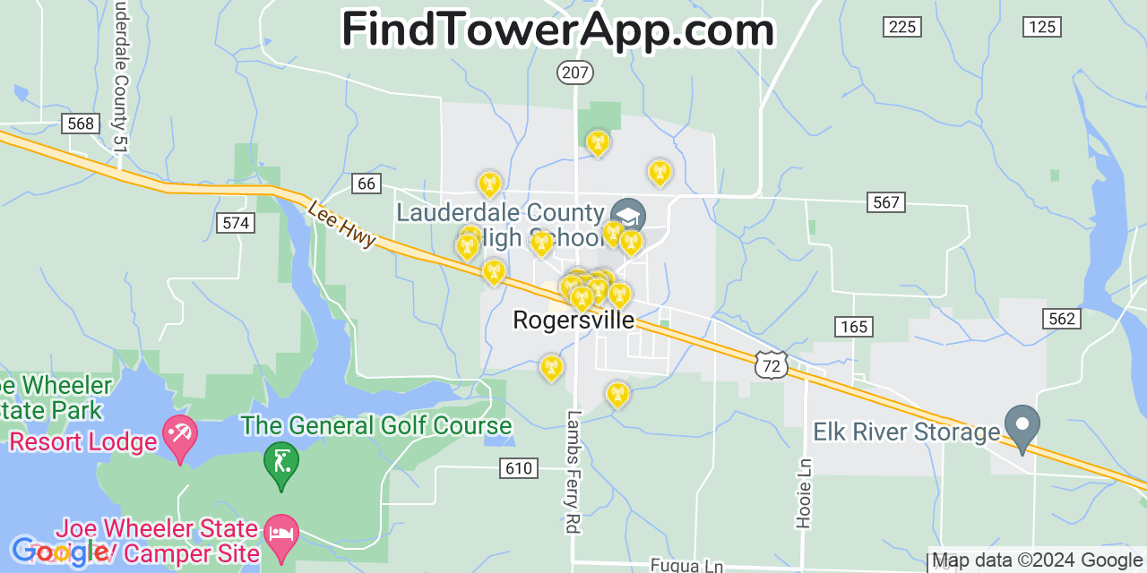 AT&T 4G/5G cell tower coverage map Rogersville, Alabama