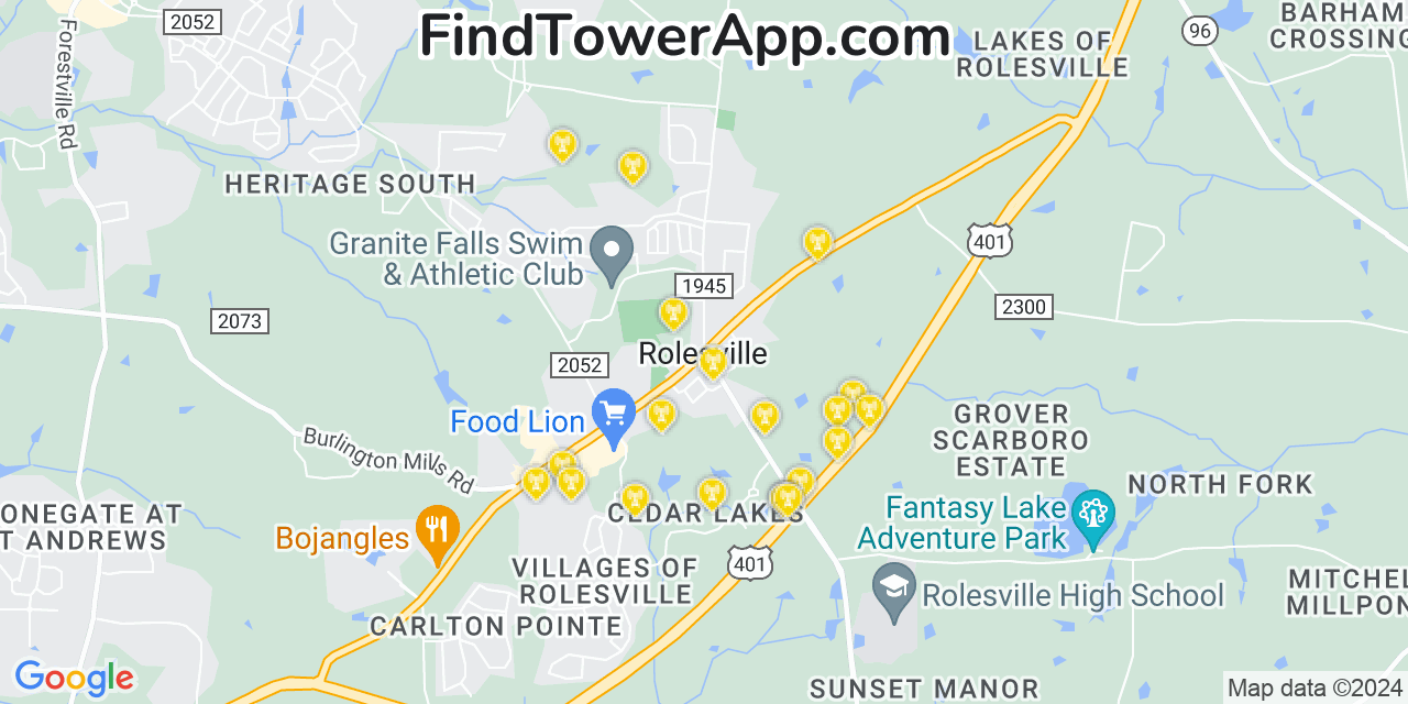 AT&T 4G/5G cell tower coverage map Rolesville, North Carolina