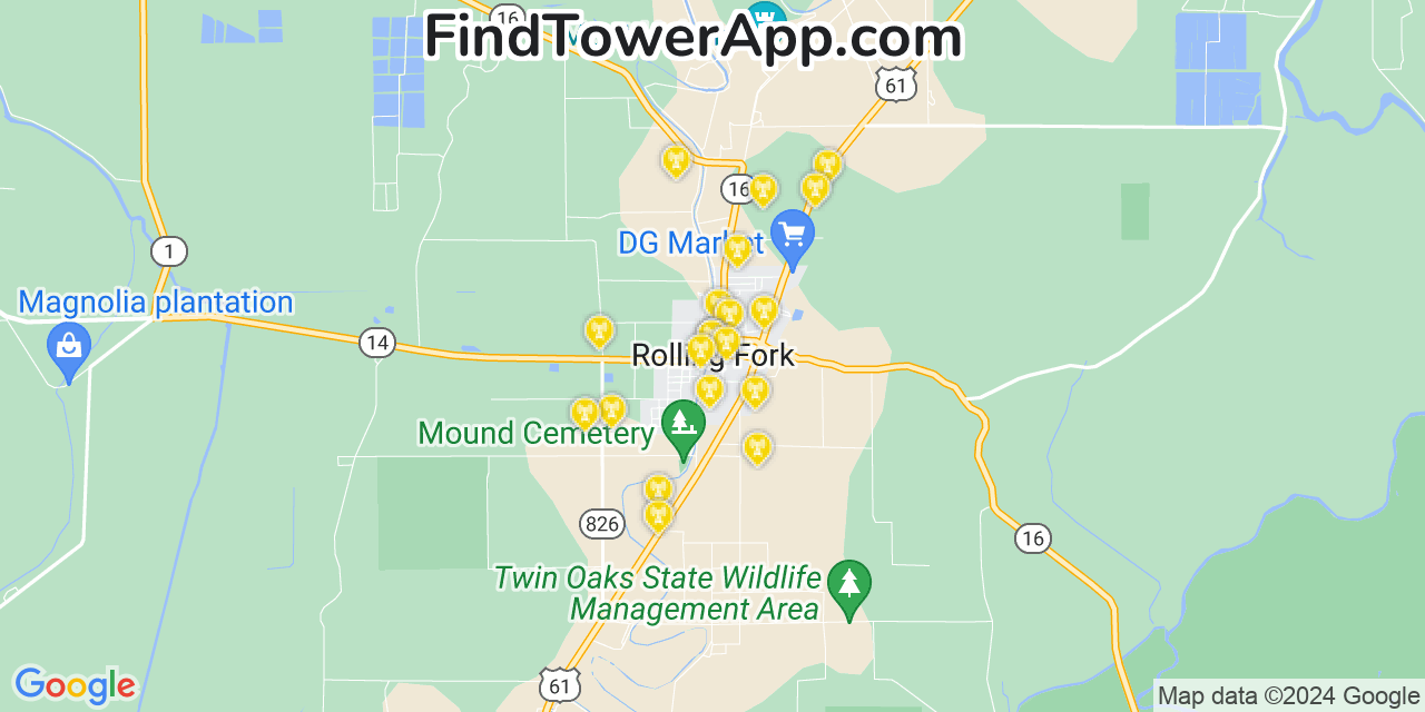 AT&T 4G/5G cell tower coverage map Rolling Fork, Mississippi