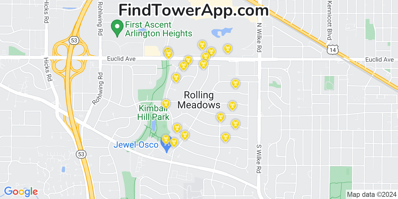 AT&T 4G/5G cell tower coverage map Rolling Meadows, Illinois