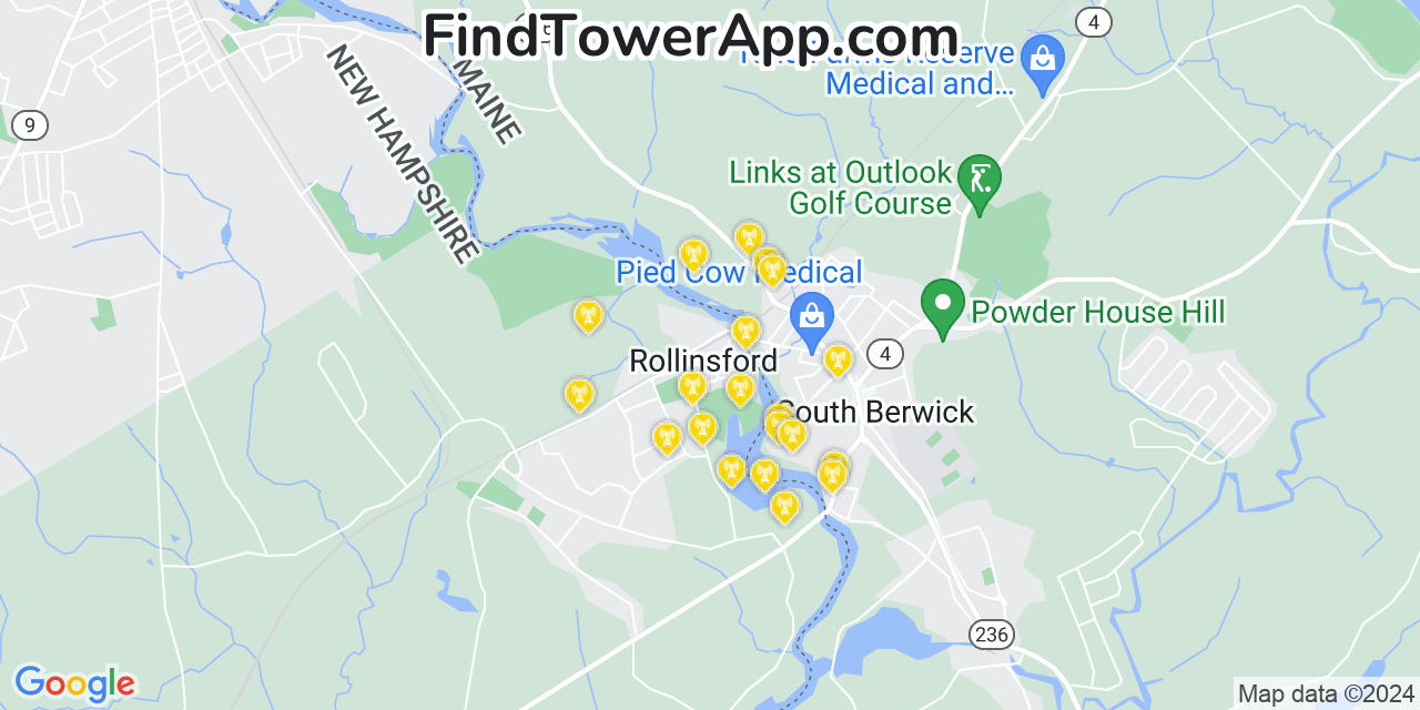 AT&T 4G/5G cell tower coverage map Rollinsford, New Hampshire