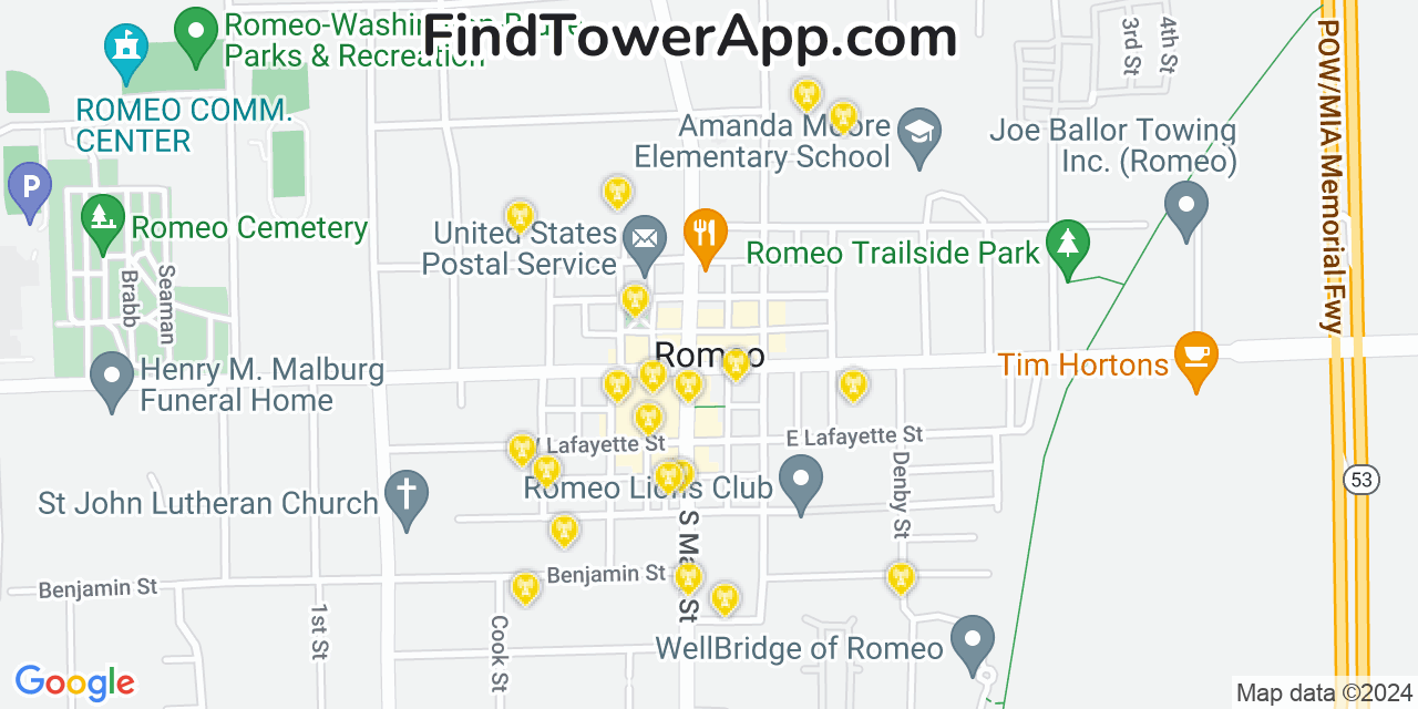 Verizon 4G/5G cell tower coverage map Romeo, Michigan