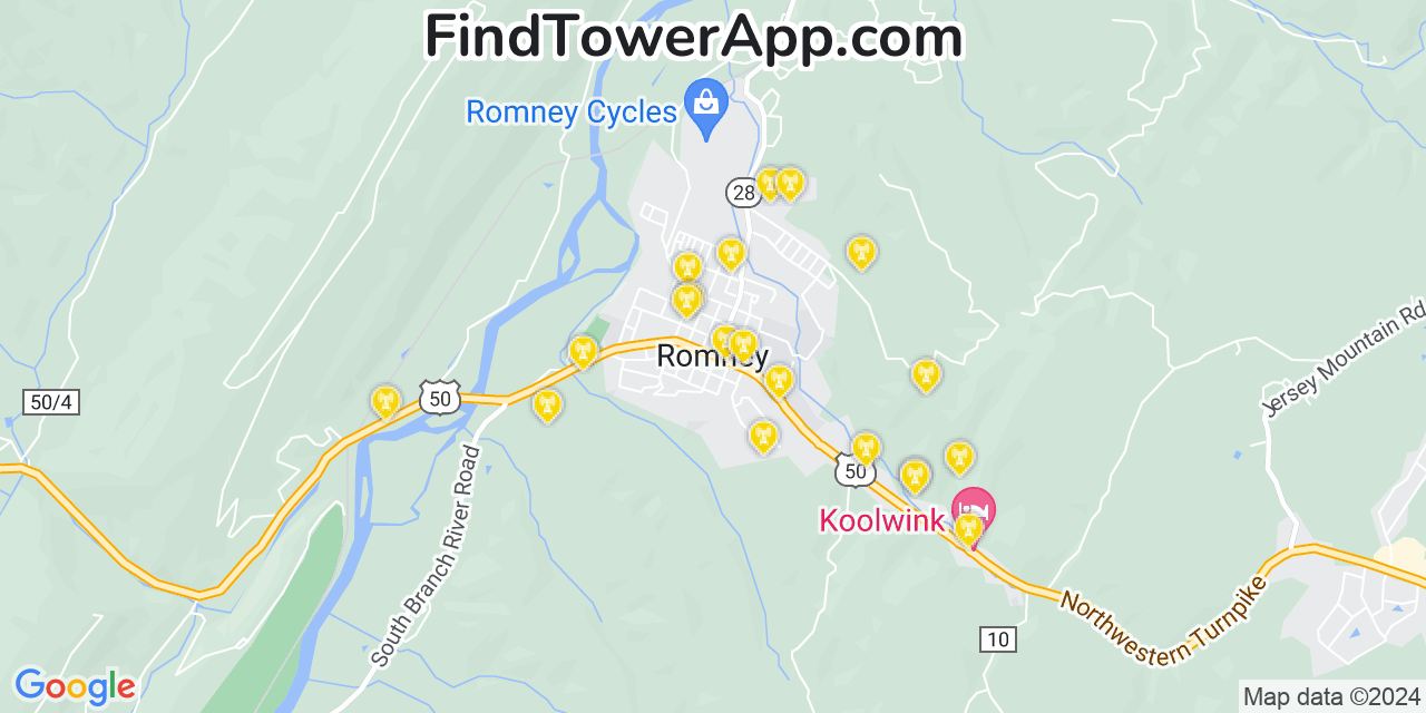 AT&T 4G/5G cell tower coverage map Romney, West Virginia