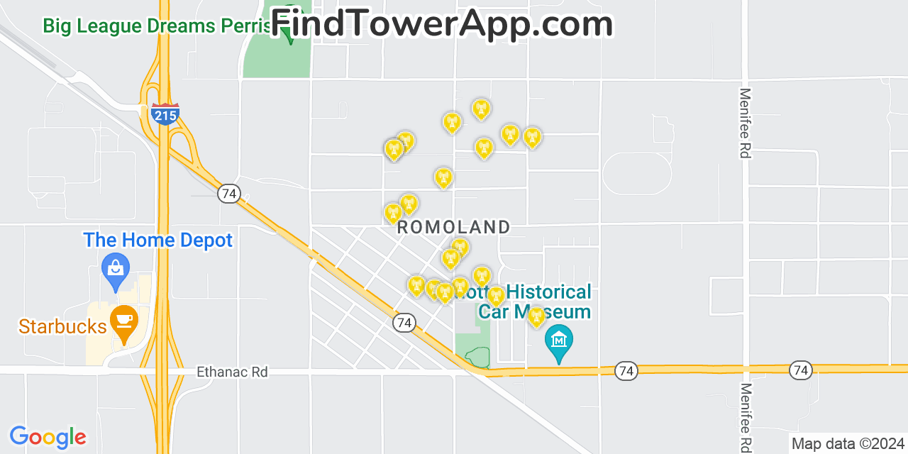 AT&T 4G/5G cell tower coverage map Romoland, California