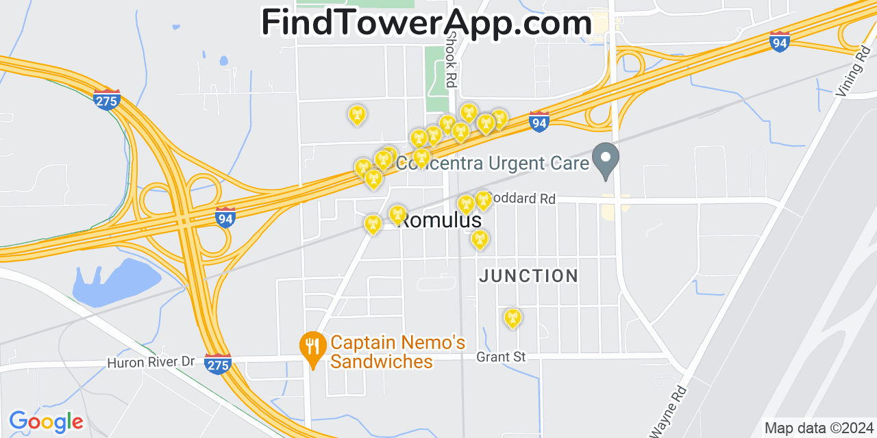 AT&T 4G/5G cell tower coverage map Romulus, Michigan