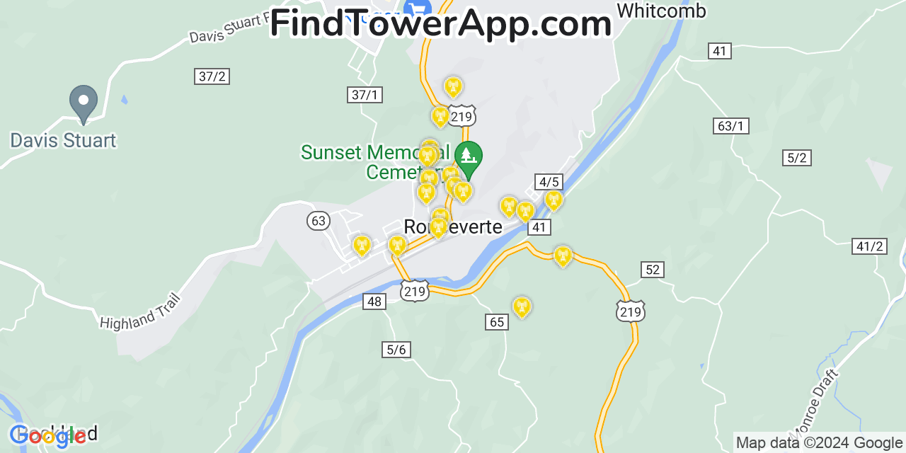 AT&T 4G/5G cell tower coverage map Ronceverte, West Virginia