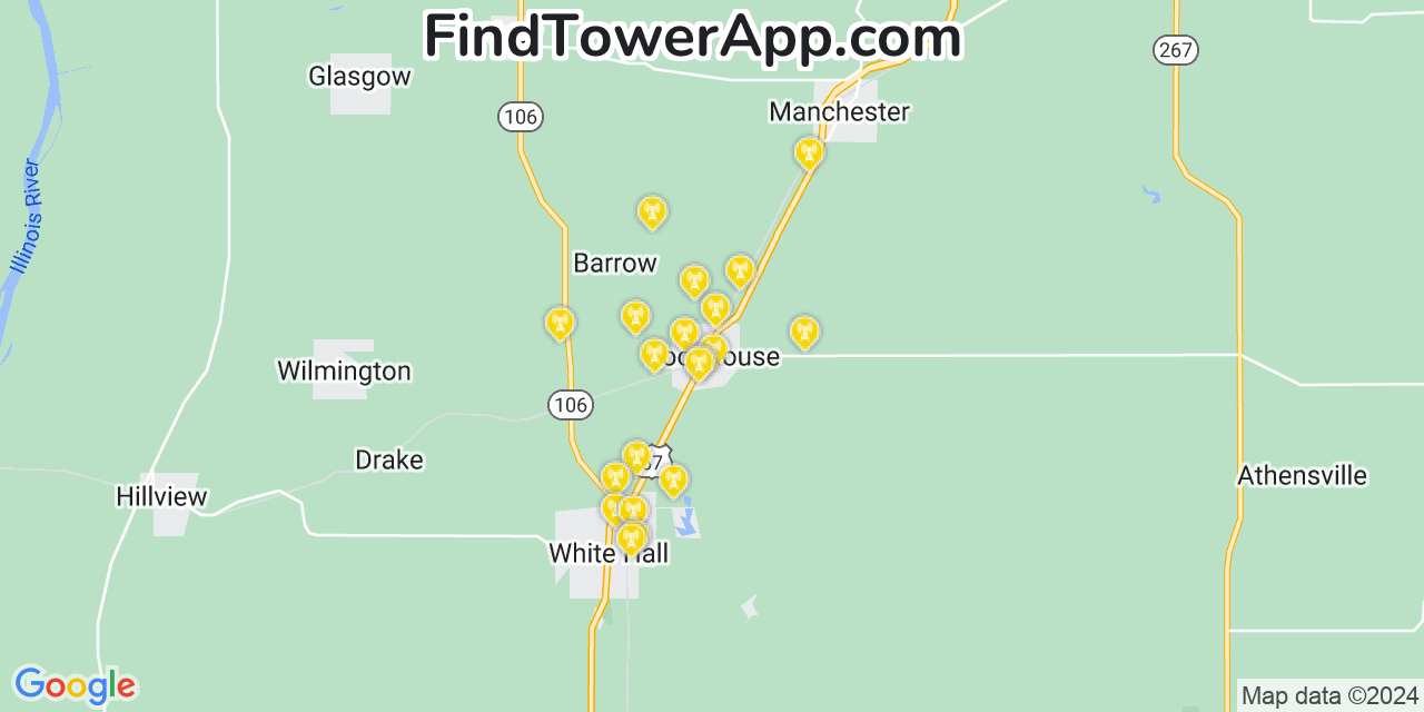 AT&T 4G/5G cell tower coverage map Roodhouse, Illinois