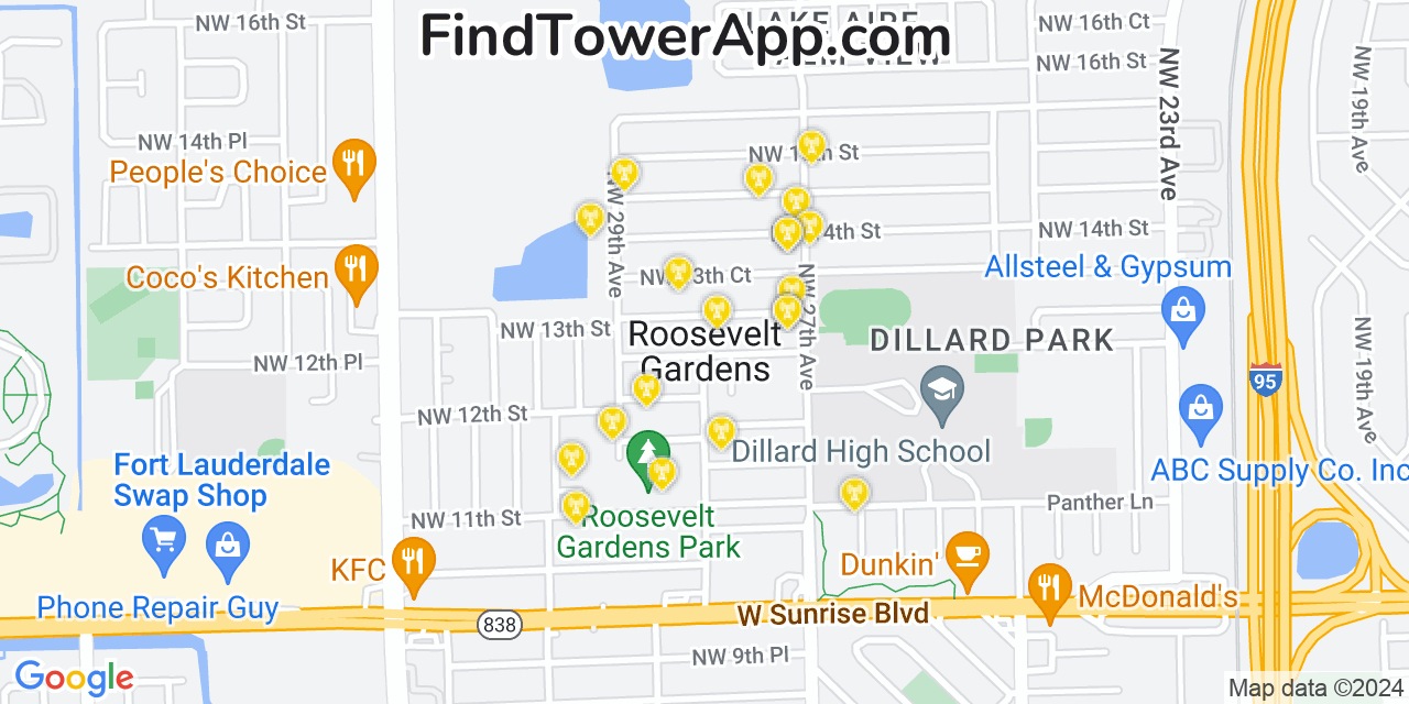 AT&T 4G/5G cell tower coverage map Roosevelt Gardens, Florida