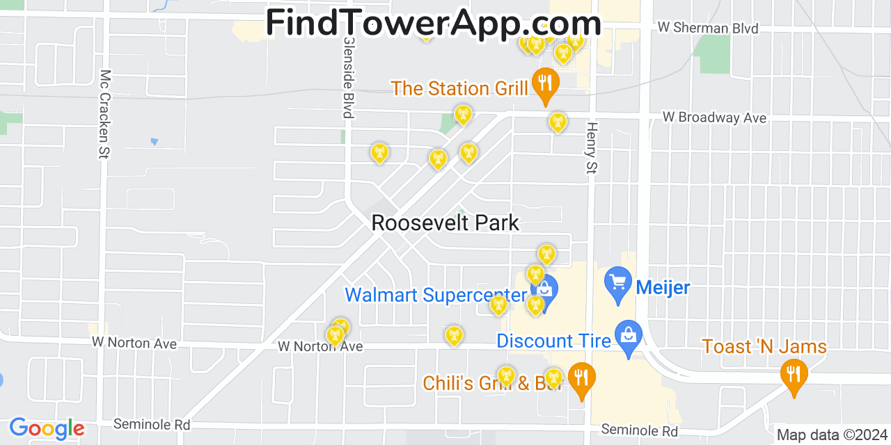 AT&T 4G/5G cell tower coverage map Roosevelt Park, Michigan