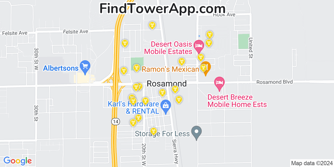 AT&T 4G/5G cell tower coverage map Rosamond, California