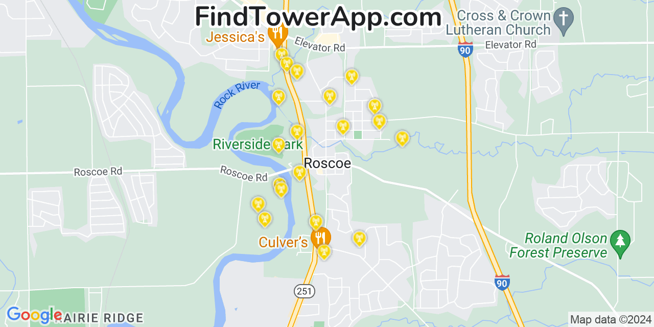 AT&T 4G/5G cell tower coverage map Roscoe, Illinois