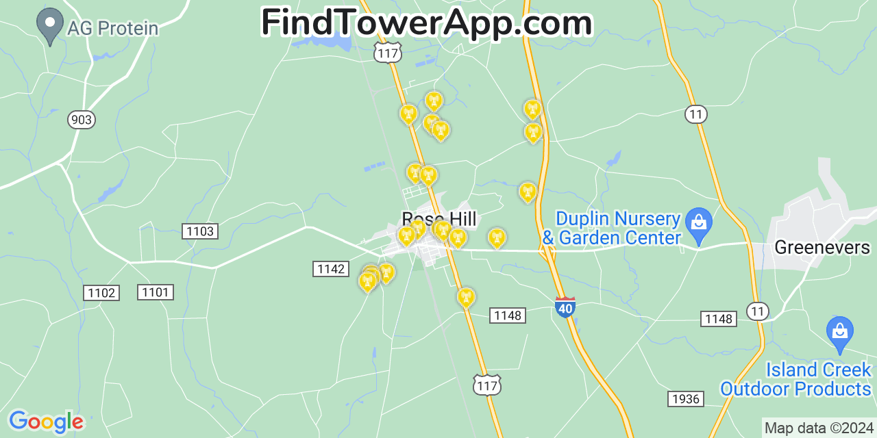 AT&T 4G/5G cell tower coverage map Rose Hill, North Carolina