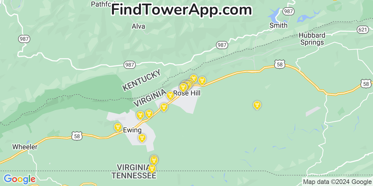 AT&T 4G/5G cell tower coverage map Rose Hill, Virginia