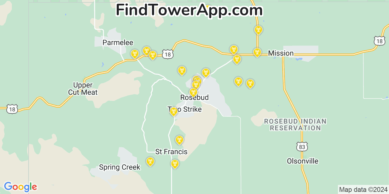 AT&T 4G/5G cell tower coverage map Rosebud, South Dakota