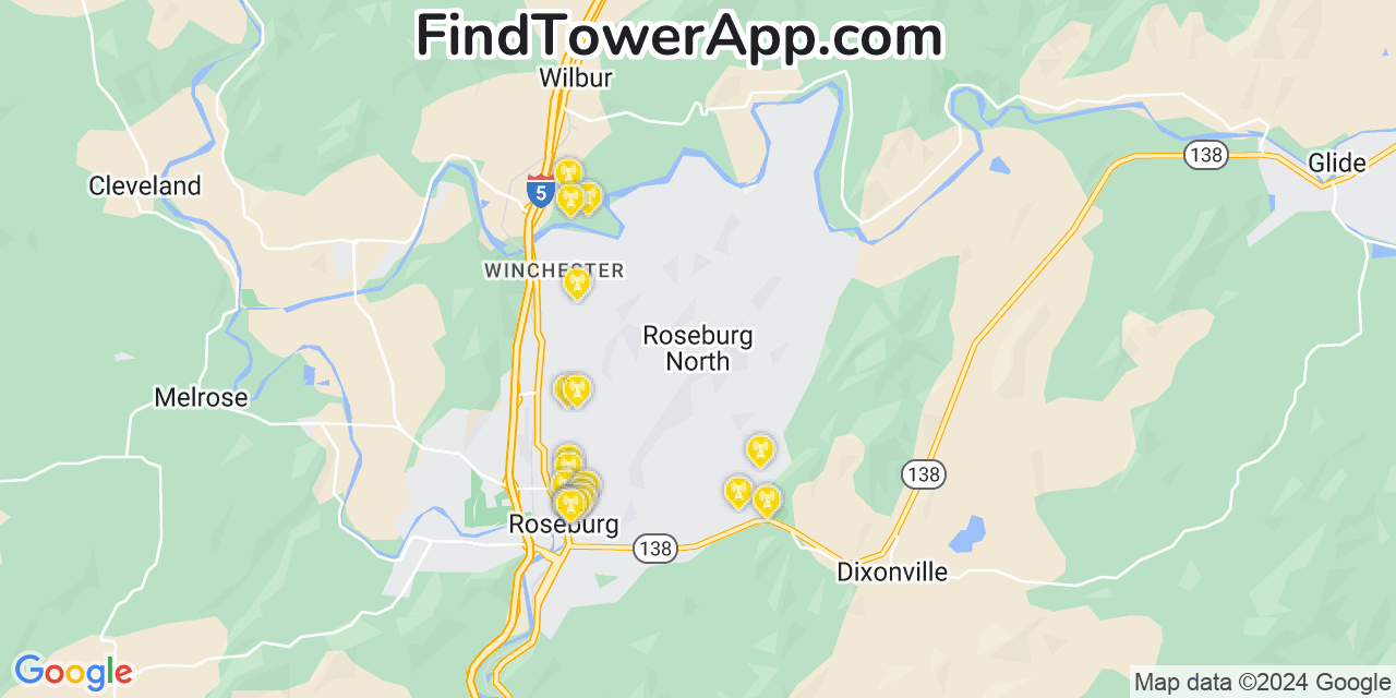 AT&T 4G/5G cell tower coverage map Roseburg North, Oregon