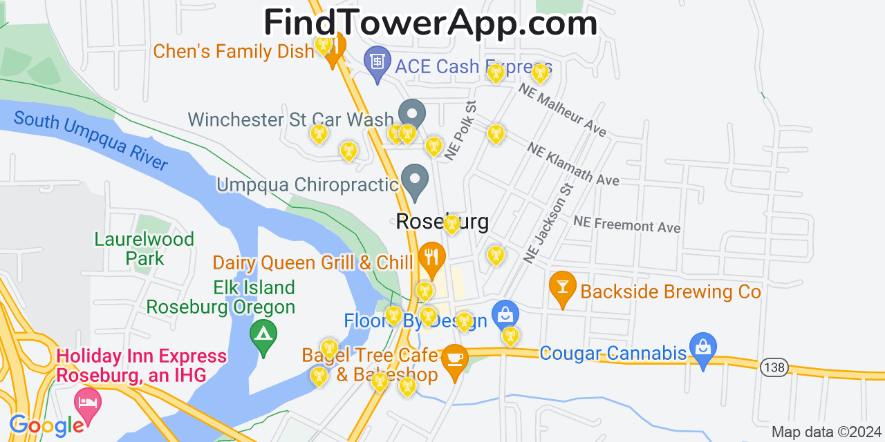 AT&T 4G/5G cell tower coverage map Roseburg, Oregon