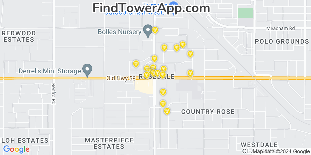 AT&T 4G/5G cell tower coverage map Rosedale, California