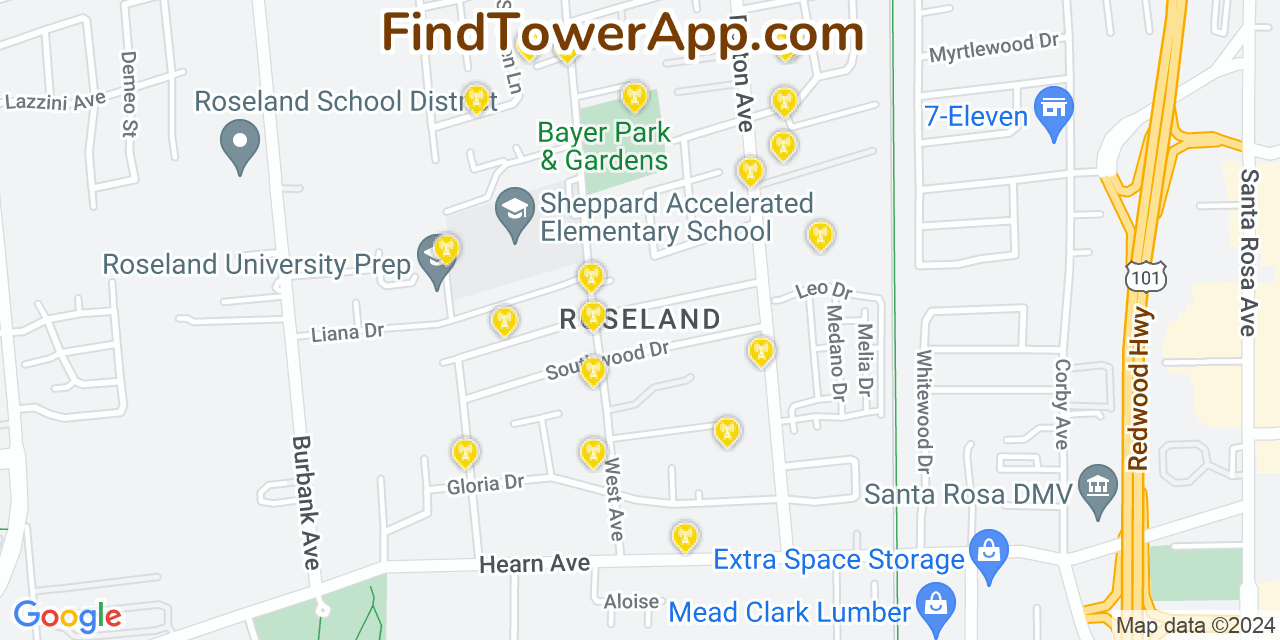 AT&T 4G/5G cell tower coverage map Roseland, California