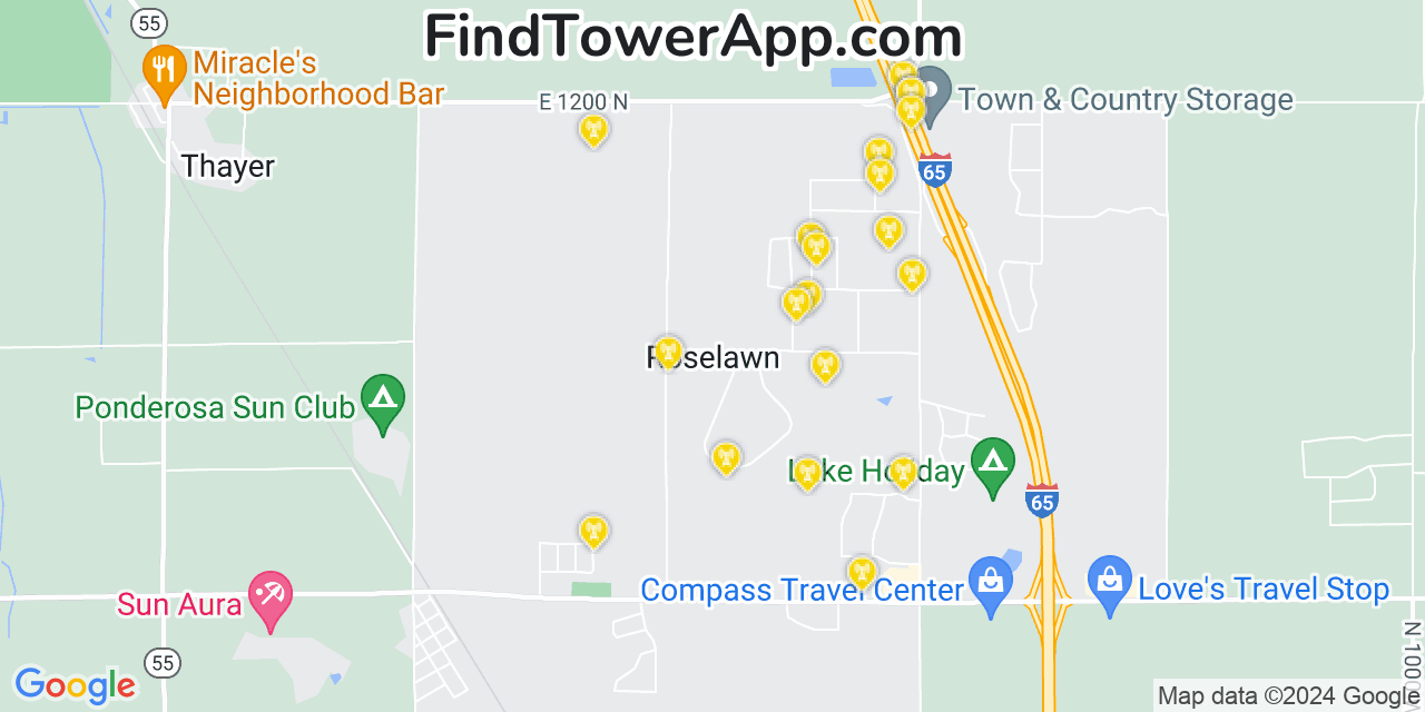 AT&T 4G/5G cell tower coverage map Roselawn, Indiana