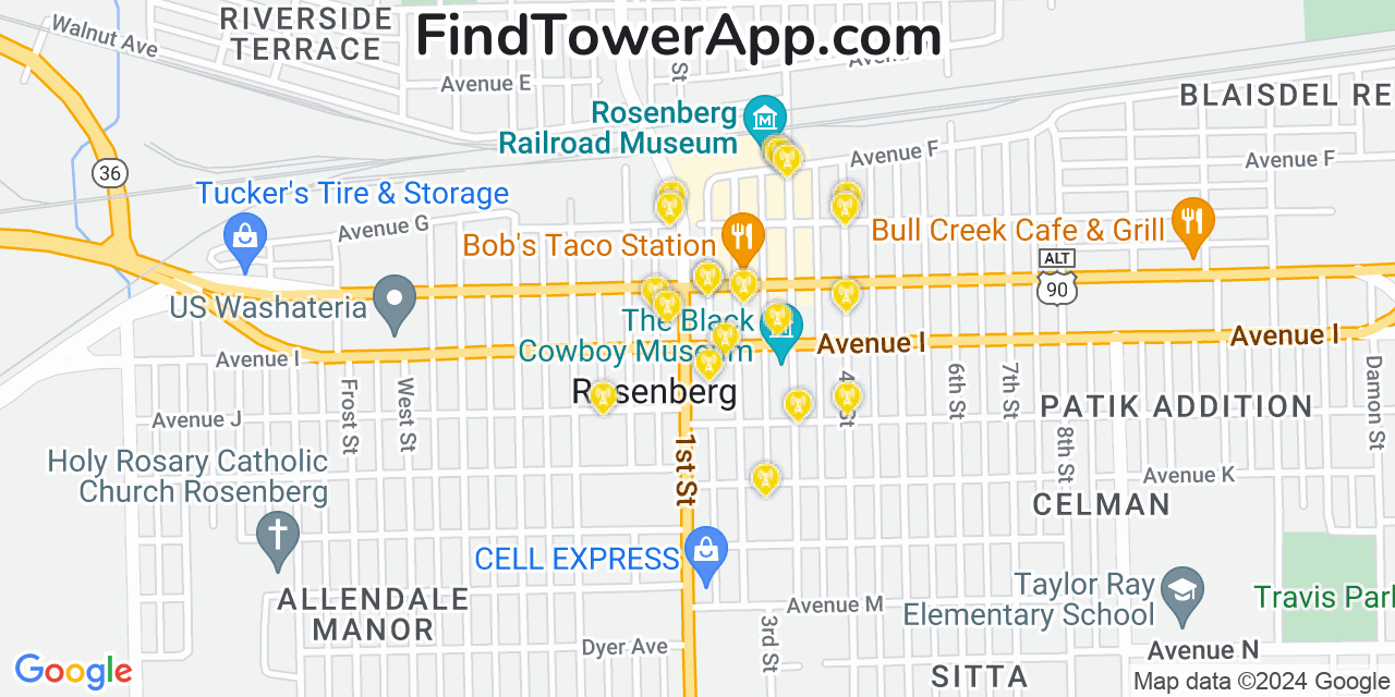 AT&T 4G/5G cell tower coverage map Rosenberg, Texas