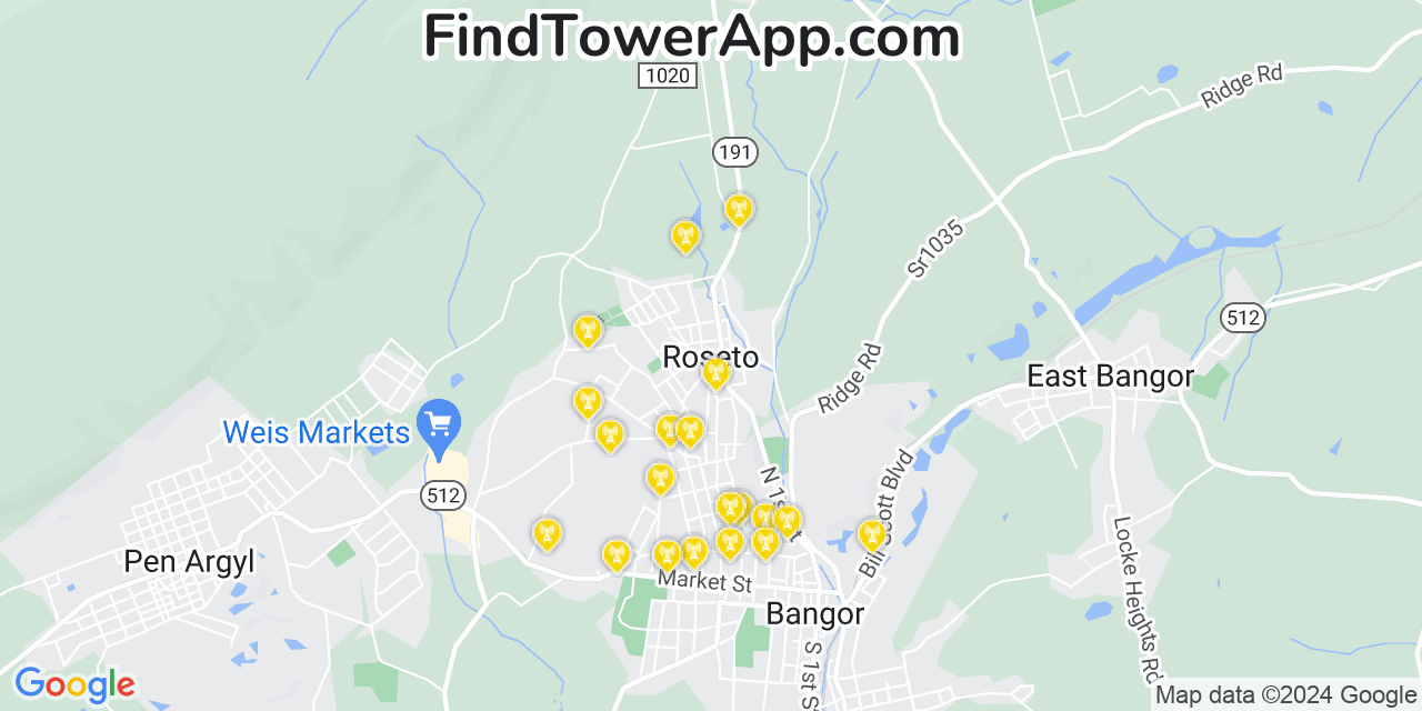 AT&T 4G/5G cell tower coverage map Roseto, Pennsylvania
