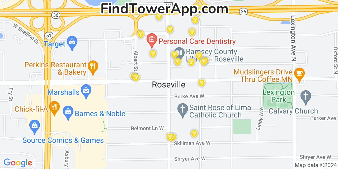 AT&T 4G/5G cell tower coverage map Roseville, Minnesota