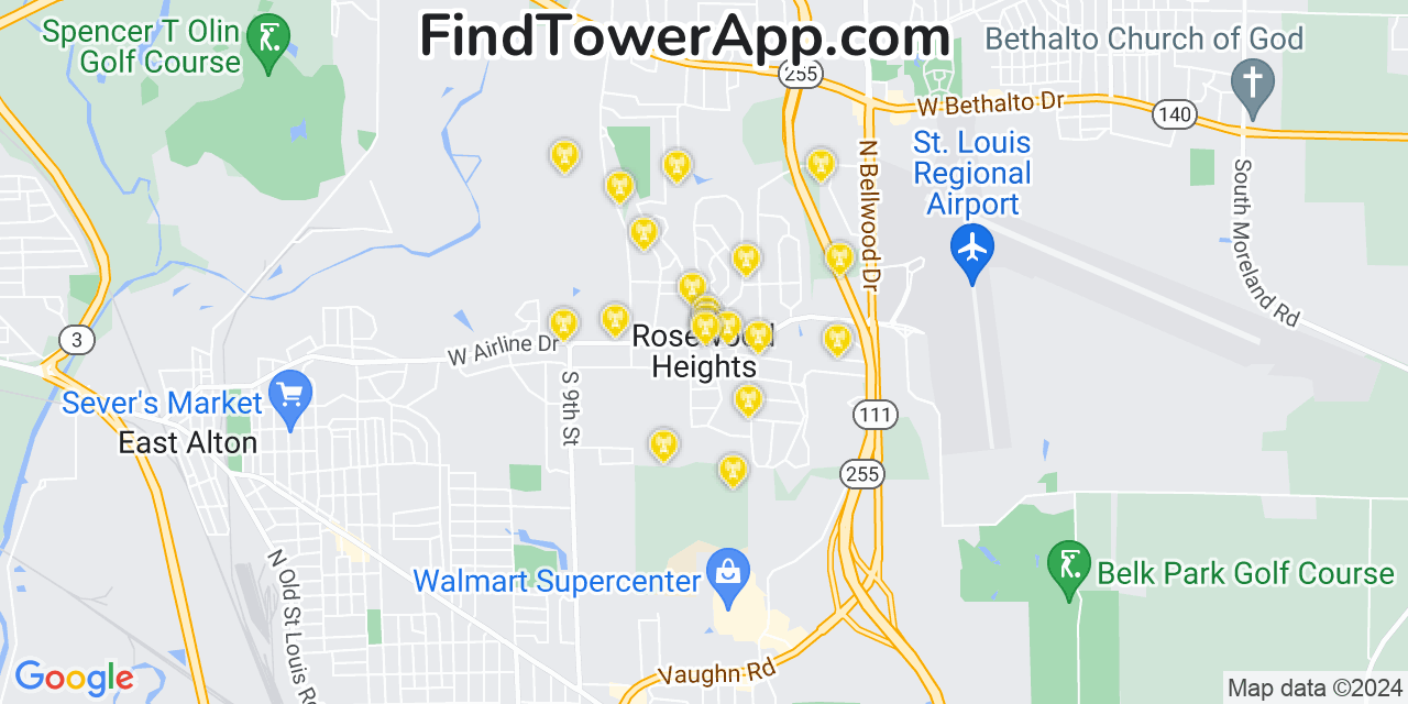 AT&T 4G/5G cell tower coverage map Rosewood Heights, Illinois