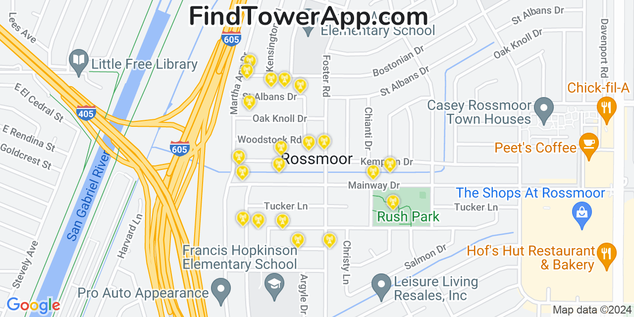 AT&T 4G/5G cell tower coverage map Rossmoor, California