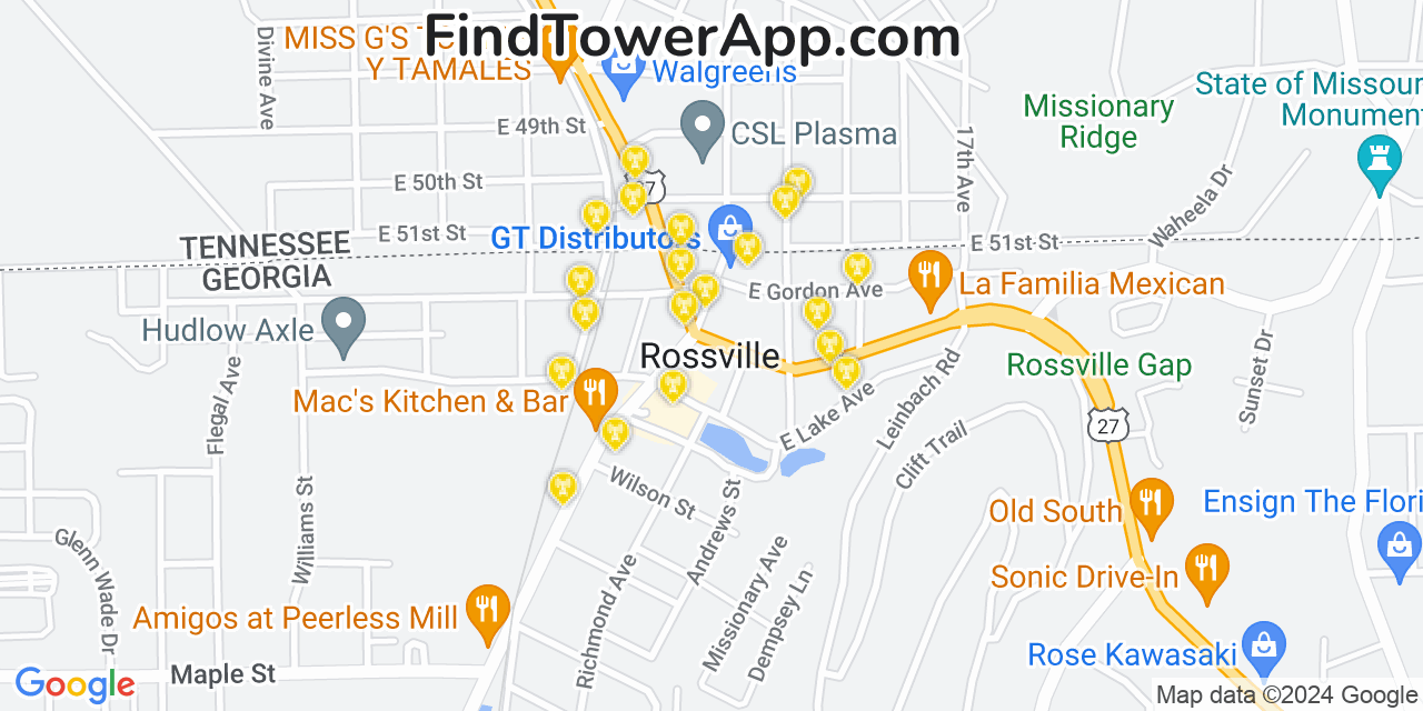 AT&T 4G/5G cell tower coverage map Rossville, Georgia